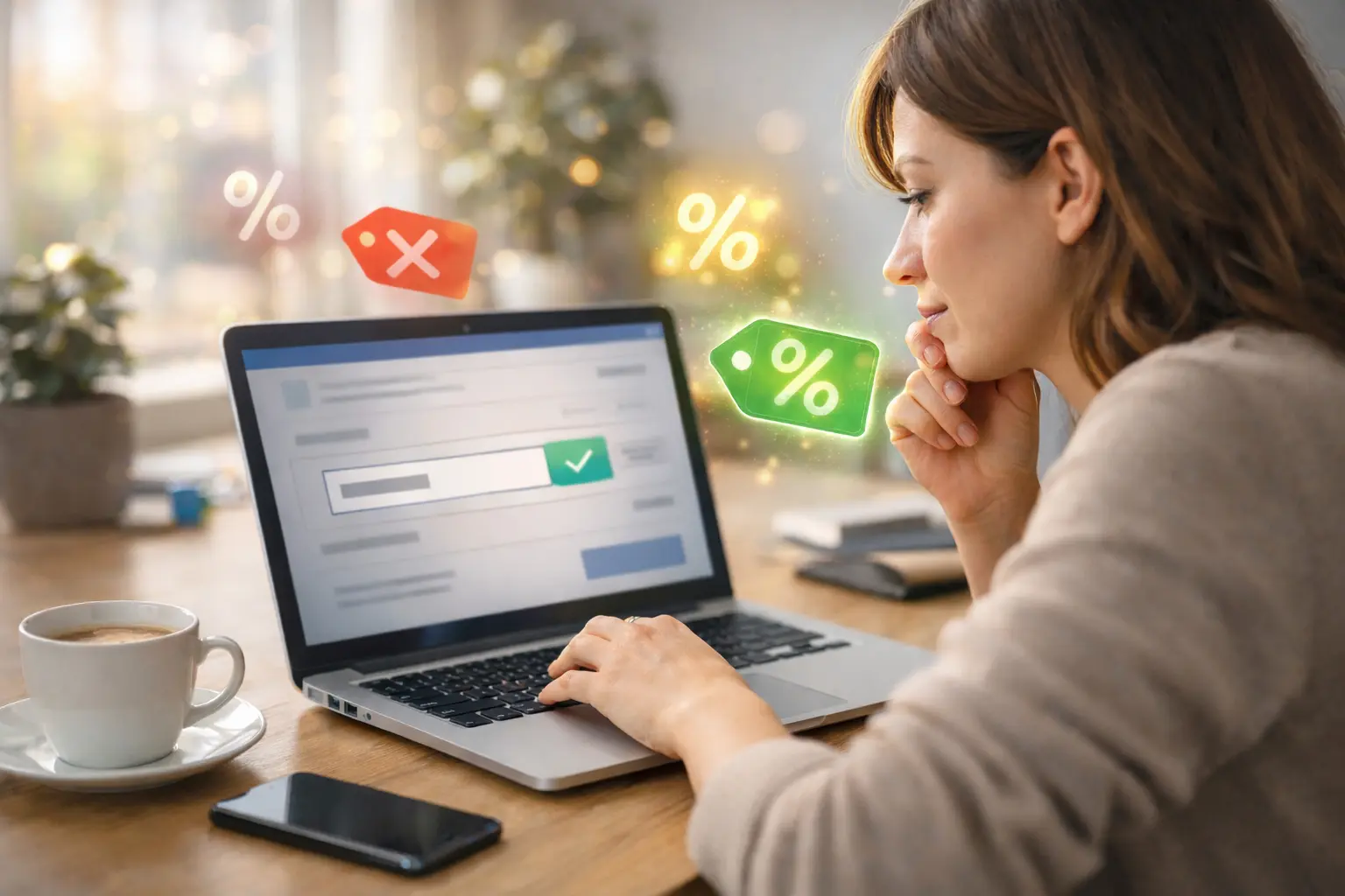 Frau am Laptop mit digitalen Rabatt-Symbolen und Prozentzeichen.